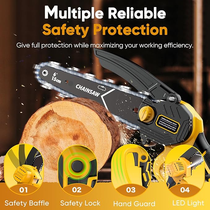 Chainsaw 6-Inch 2 Pack 2000mAh Battery Hand Mini Chain Saw Birthday Christmas Gifts for Men Portable Cordless for Wood Cutting Tree Trimming Projects Gardening Tools (Yellow)