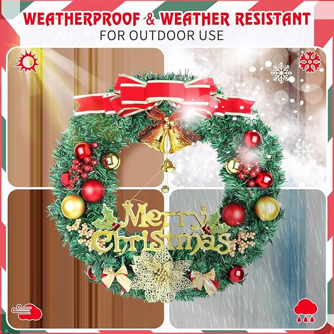Christmas Wreaths for Front Door, Artificial Christmas Wreath with Bow, Bells, Berries, Gold Flowers and Holiday Decor Sign, Winter Wreaths for Fireplace, Windows, Wall Decor(20 Inches)