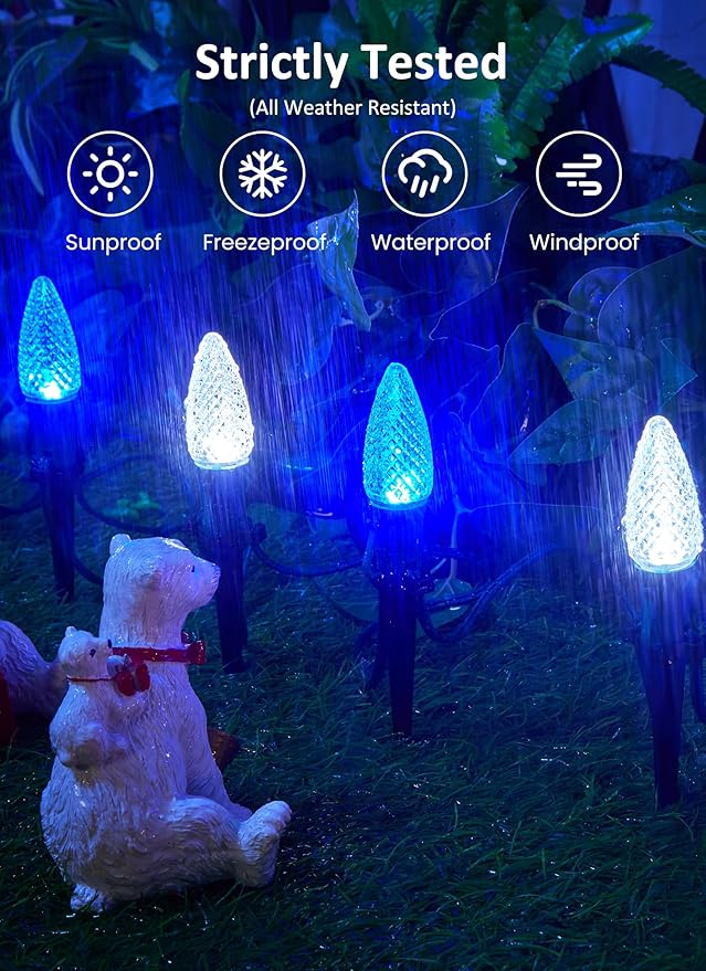 Christmas Pathway Lights Outdoor, 2 Pack 26 Ft 20 LED C9 Strawberry String Lights with Stakes, Connectable Waterproof Outside Christmas Lights Marker for Path, Lane, Patio Decor, Blue & Pure White