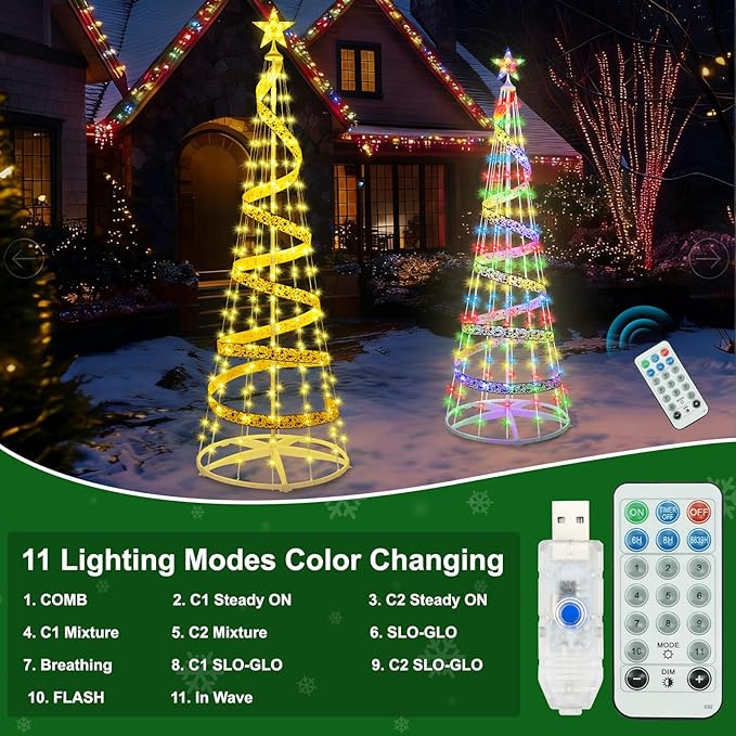 7 FT Christmas Tree with Lights, Outdoor Christmas Cone Tree with 8 Modes Timer Remote Waterproof, Christmas Tree Lightshow for Indoor Outside Yard Porch Xmas Decorations, Multicolor