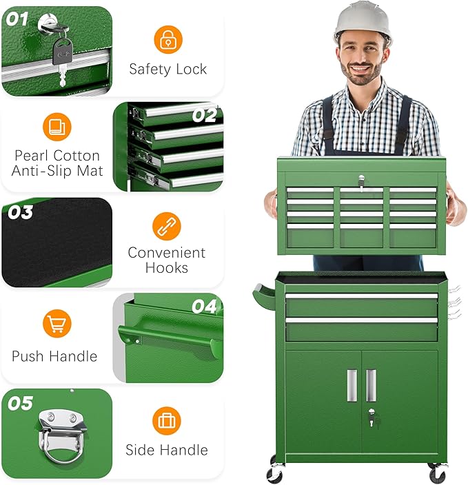 INTERGREAT 8-Drawers Rolling Tool Chest, Assembled Tool Chest with Wheels, Detachable Top Tool Box, Tool Cabinet for Repair Room,Warehouse, Rolling Tool Box with Hooks,Tray Divider,Liners(Green)