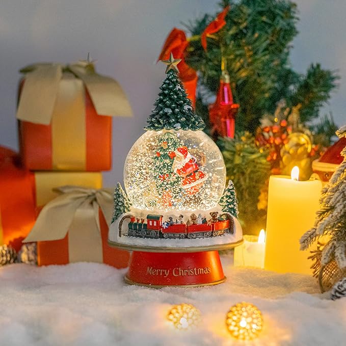 Taman Christmas Snow Globe, Santa with Gifts,Christmas Tree,Mini Train Carrying Bears Musical with Swirling Glitter Snowflakes Lighted Christmas Decorations Tabletop Home Décor