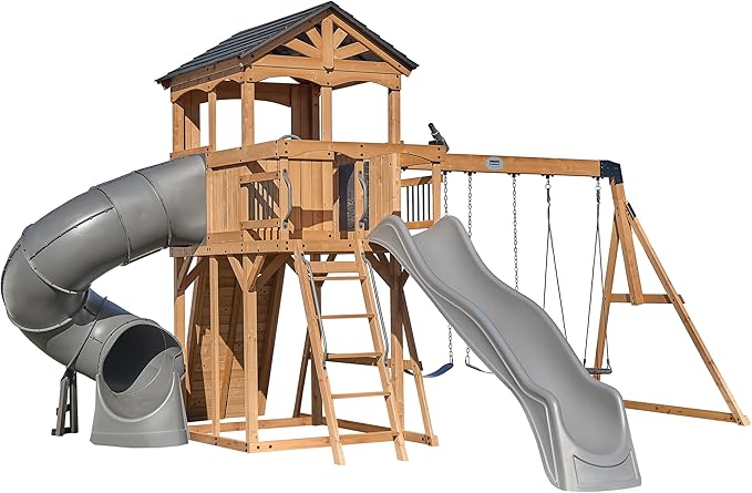 Backyard Discovery Dover Bay Spruce Wood Swing Set with Spiral Tube Slide, Wave Slide, Clubhouse, Rock Wall, Belt Swings, Step Ladder, Toy Telescope, Chalkboard, Outdoor Playset