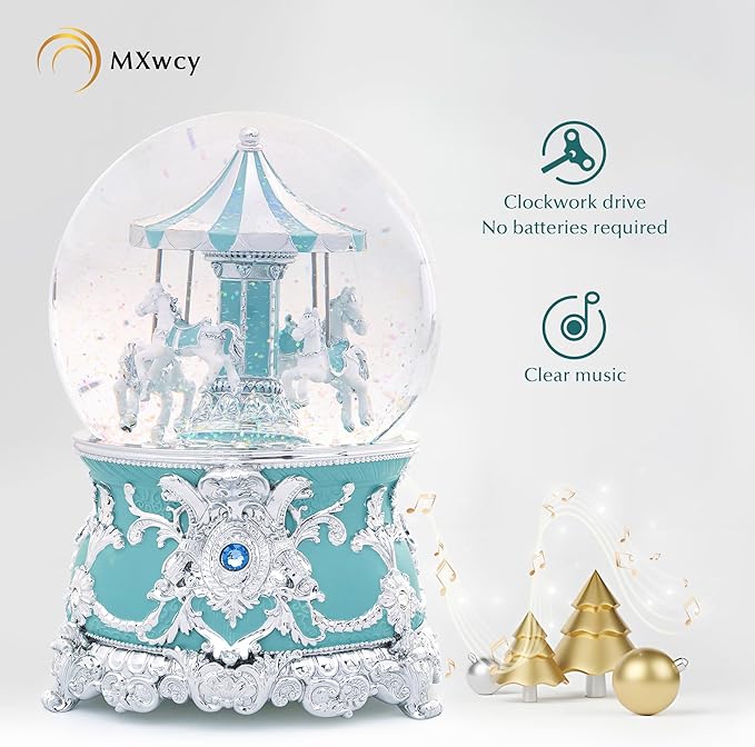 Carousel Music Box Silver Mint Christmas Snow Globes, 7.1" Glass Rotate Carousel Snow Globe for Kids & Adults, Classic Wind up Musical Snow Globe Birthday Gifts, Carousel Horse Home Decor