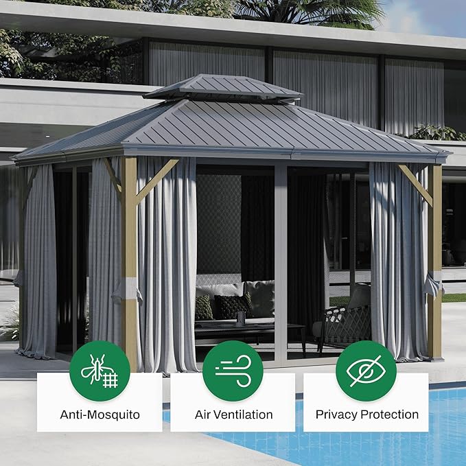 10x 12 Ft Hardtop Gazebo, Outdoor Metal Canopy with Heavy Duty Aluminum Frame, Privacy Curtain and Netting Included, for Patio, Garden, Yard & Lawn