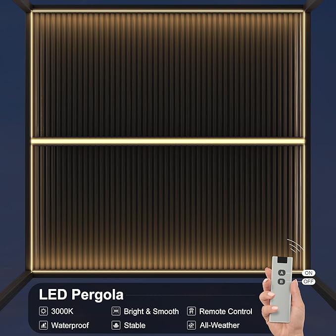 PURPLE LEAF LED Louvered Pergola 94AS 12'x 12' Full Aluminum Frame and Adjustable Roof Integrated Strip Lights for Outdoor Deck Garden Patio Gray Hardtop Gazebo Pergola