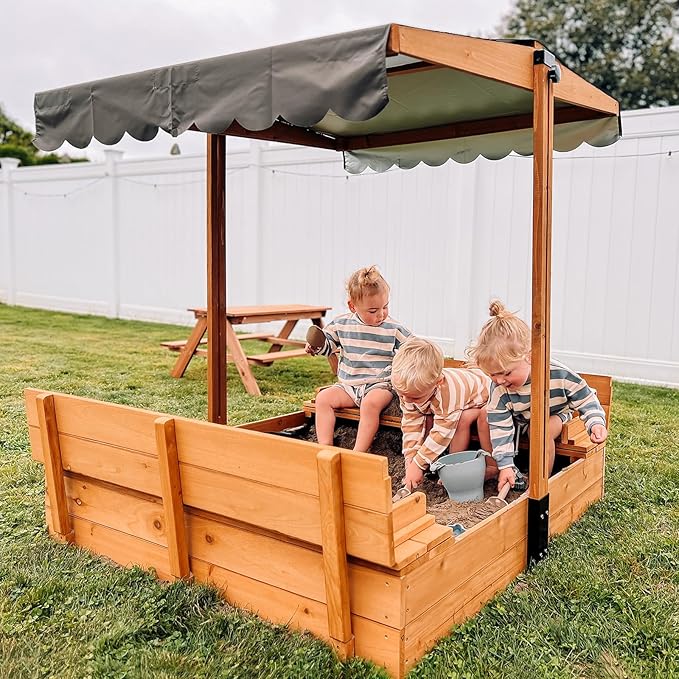 GUTINNEEN Wooden Sandbox with Adjustable Canopy, Outdoor Kids Sand Box with Foldable Benches, Sand Liner, Retractable Roof, 47¡±Lx47¡±Wx52¡±H