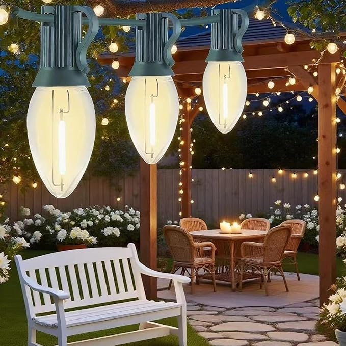25FT C7 LED Christmas Lights Outdoor String with 27 Clear Plastic Energy-Efficient Waterproof Bulbs for Roofline, Christmas Tree,Patio,Garden,Wedding & Holiday Decor
