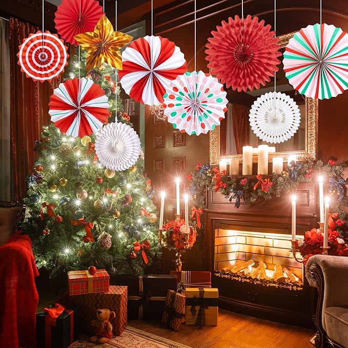 Christmas Paper Fans, Christmas Paper Decorations, Hanging Xmas Decor in Gold, Red, White and Peppermint Candy Theme Honeycomb Decorations