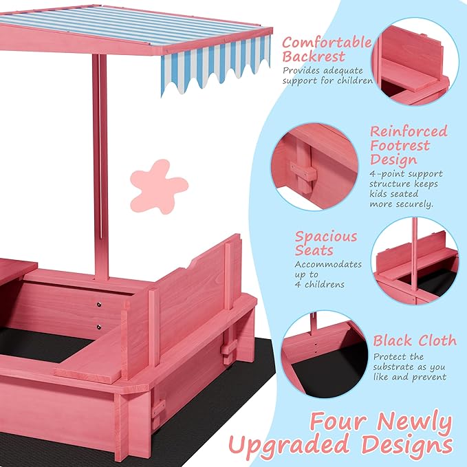 Sandbox with Lid & Cover, Wooden Kids Outdoor Sand Box with Height-Adjustable UV-Resistant Canopy, 2 Foldable Bench Seats & Bottom Liner, 43x43 Inch, Perfect for Backyard, Beach, Garden Play