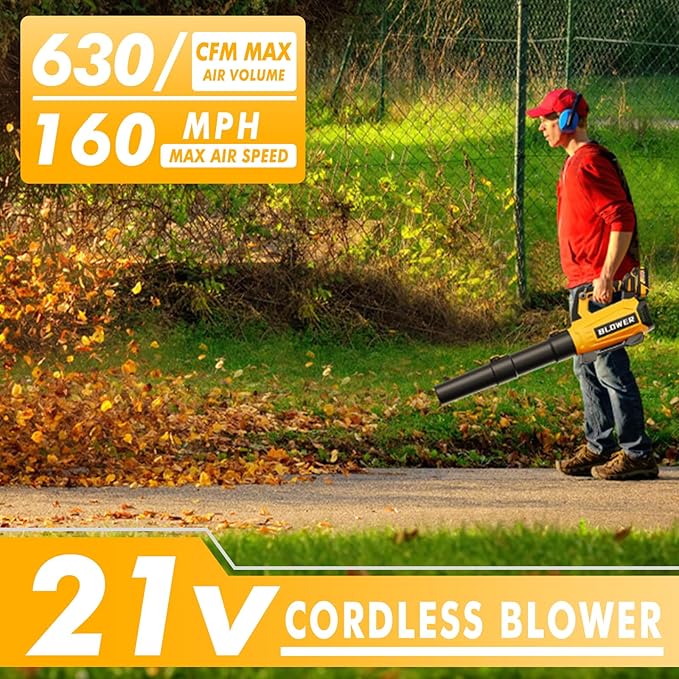 Leaf Blower Cordless (Upgraded) - 630CFM/160MPH, 21V Powerful Electric Cordless Leaf Blower with 2 x 4.0Ah Batteries and Charger, Battery Powered Leaf Blowers for Lawn Care, Patio, Yard, Dust, Snow