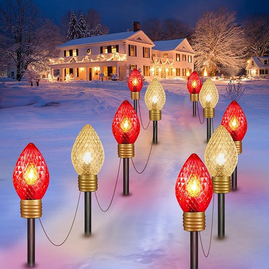 Minetom Jumbo Lights C9 Christmas Pathway Lights Outdoor - 2 Pack 10.5 Feet 5 Lights C9 Walkway Lights, C7 Lights Covered Jumbo Multicolor Light Bulb Decorations for Lawn Outside, Red ＆ Warm White