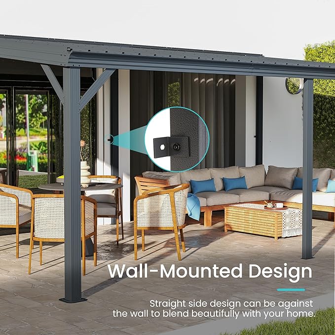 Domi 12' x 20' Lean to Gazebo, Wall Mounted Gazebos Pergola with Built in Drainage System, Galvanized Steel Roof, Hardtop Patio Shelter for Deck, Porch, Backyard and More