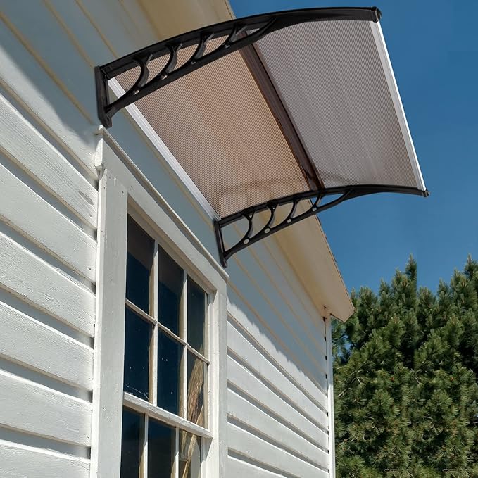 Window Awning Door Canopy Exterior- 38" x 40" Aluminum Door Awning, Polycarbonate Cover Patio Canopy Awning for House, Outside, Rain Snow & UV Resistant (Brown Board & Black Bracket)