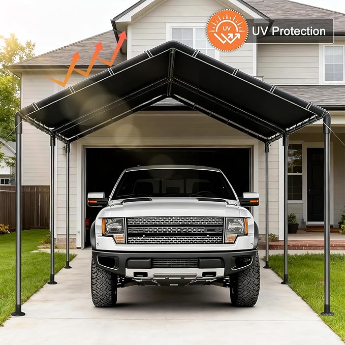 10x20 Heavy Duty Carport, Outdoor Carport Shelter with Reinforced Frame and Stakes, Waterproof Garage Car Port Tent (Gray)