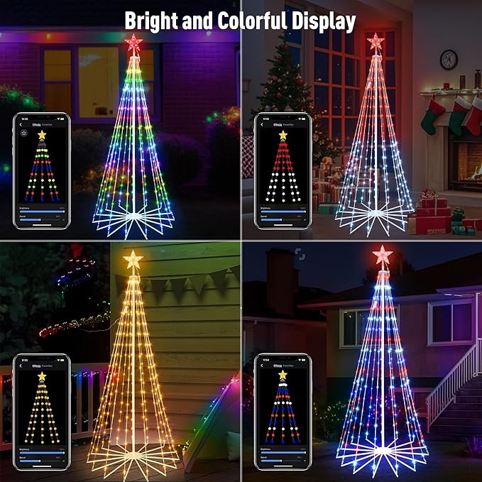 8 FT 340 LEDs Smart Outdoor Christmas Tree with App Control, IP65 Waterproof, 85+ Modes, Easy Setup Metal Frame Cone Tree for Yard, Christmas Party, Holiday Decorations