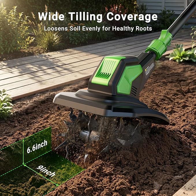 20V Cordless Tiller Cultivator, Lightweight 360RPM Electric Garden Tiller with 2 * 2.0Ah Batteries, 9 Width, 6.6 Depth, 48 Steel Tines Mini Rototiller for Weeding, Gardening & Soil Cultivation Green