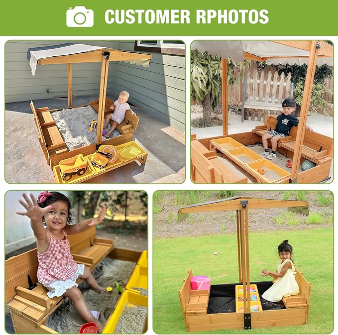 GUTINNEEN Wooden Kids Sandbox with Cover Sandbox with Lid Outdoor Sand Boxes with 3 Toy Bins
