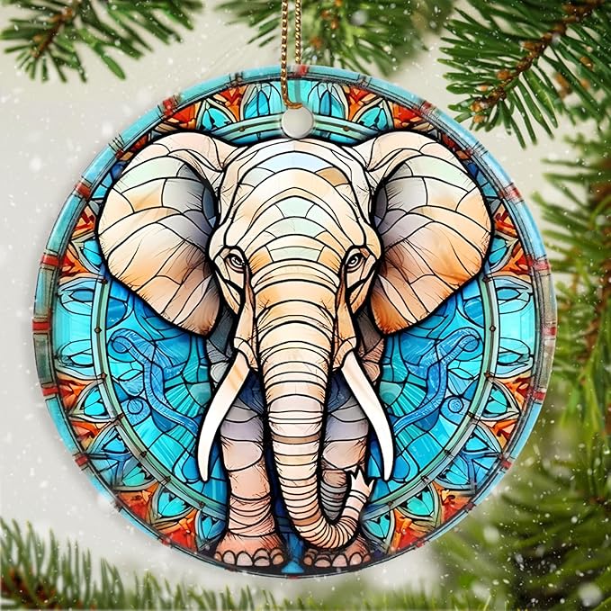 Elephant Ceramic Ornament - Christmas Tree Elephant Keepsake Gifts - Animal Lovers Ornament