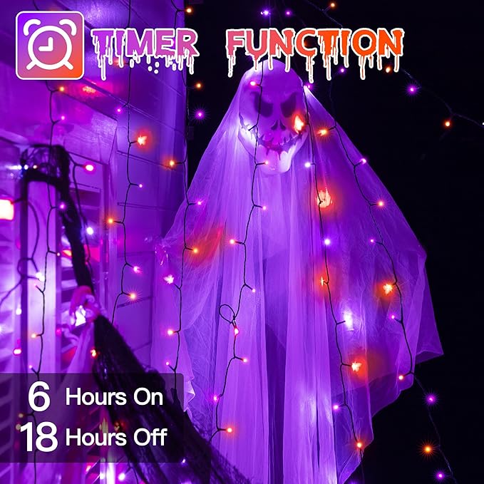 33FT 100 LED Halloween Lights, Orange + Purple Halloween Lights Outdoor with 8 Lighting Modes, Waterproof String Lights for Halloween Christmas Outdoor Party Yard Garden Decoration