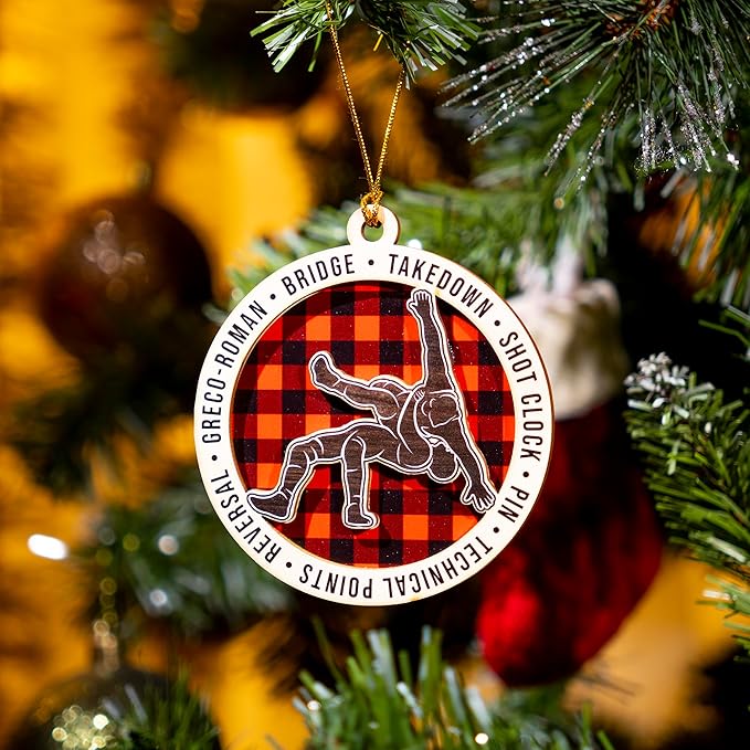 Wrestling Ornament 2025 – Wooden Christmas Ornament for Wrestlers, 2-Layer Rustic Plaid Wrestling Christmas Tree Decoration, Wrestling Gifts for Men