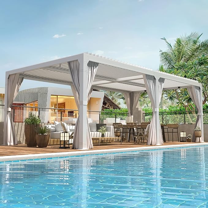 EROMMY Louvered Pergola 10' x 20' Outdoor Hard Top Pergola with Aluminum Frame and Adjustable Metal Rainproof Roof for Garden & Patio, Curtains and Netting Included, White