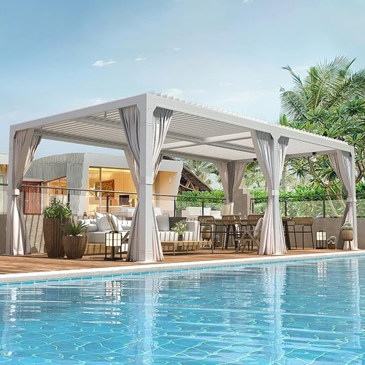 EROMMY Louvered Pergola 10' x 20' Outdoor Hard Top Pergola with Aluminum Frame and Adjustable Metal Rainproof Roof for Garden & Patio, Curtains and Netting Included, White