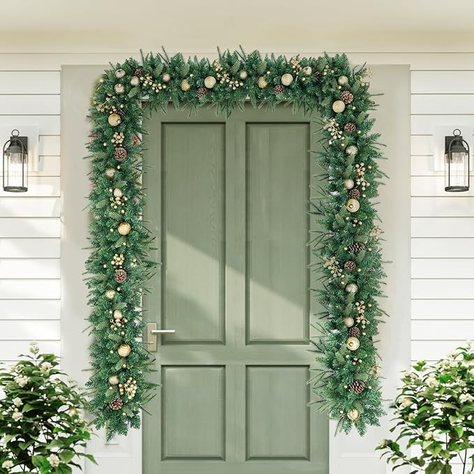 9FT Pre-Lit Artificial Christmas Garland with Dual Color LED Lights and Timer by Remote Control and Batteries Operated, Holiday Decorations, for Indoor Door Home Stairs Fireplaces Wall
