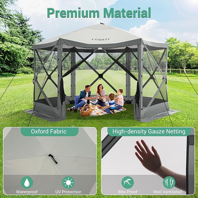 COBIZI 12x12ft Pop up Gazebo on Clearance Screen Canopy Tent for Camping, Camping Outdoor Screened Gazebo with Sidewalls, Portable Hub with Carrying Bag and Ground Stakes, Grey(Upgraded 2.0)