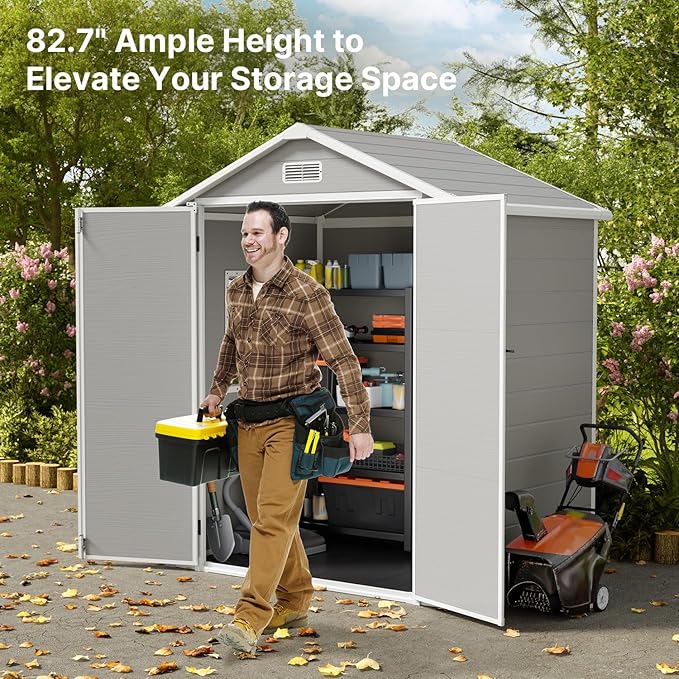 Gizoon 6x4.4 FT Outdoor Resin Storage Shed with Floor & Lockable Door - All-Weather Plastic Tool Shed, Double-Wall Design Perfect to Store Patio Furniture, Garden Equipment, Seasonal Items (Grey)