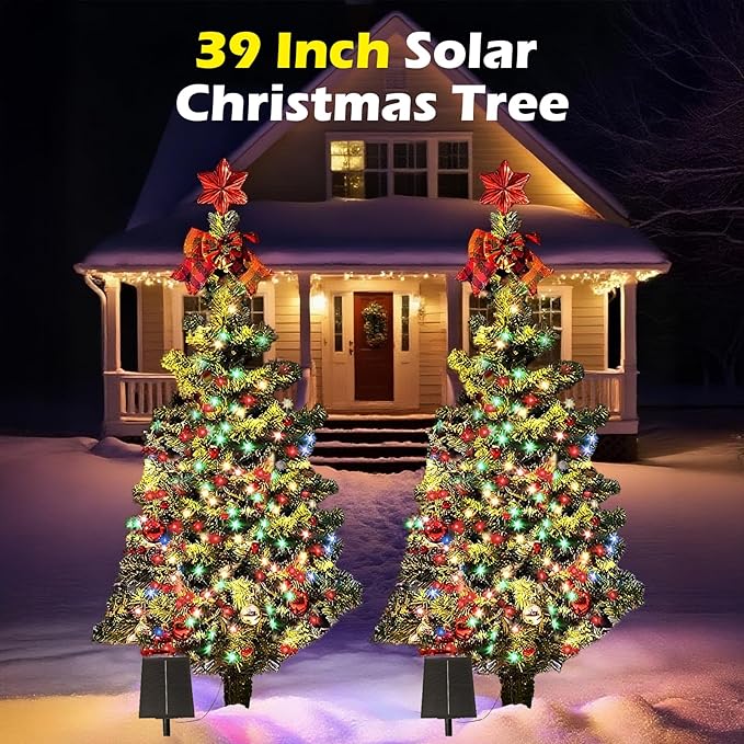 2-Pack 3.2FT Solar Christmas Tree Lights Outdoor Waterproof, 100LED 8 Lighting Modes Xmas Ball & Red Berry Outdoor Christmas Tree, Christmas Decorations Outdoor for Holiday Display Courtyard Decor