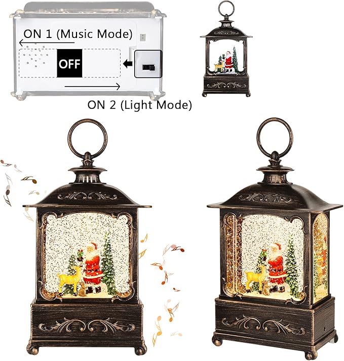 Christmas Snow Globe Lantern Christmas Decorations Water Glittering Lanterns with Music & Timer, USB Lined/Battery Operated Lighted Lantern for Christmas Festival Decoration Gifts (Skiing Snowman)