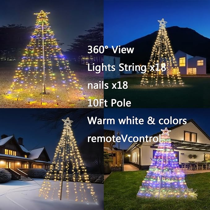 Christmas Decorations Christmas Tree Lights 10.2Ft Outdoor Star Lights Decor Waterproof Warm White & Multicolor