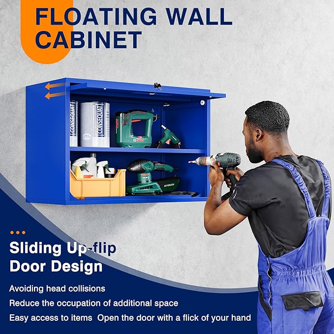 Yizosh Metal Garage Wall Cabinet with Doors and Shelves, Wall Mounted Metal Storage Cabinet, Floating Garage Tool Cabinet for Garage, Basement, Kitchen, Warehouse (Blue, 21.6 H)