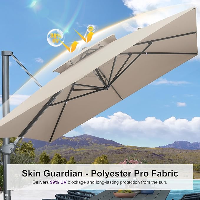 PURPLE LEAF 9' x 12' Cantilever Patio Umbrella Outdoor Umbrella with 280lbs Base Large Rectangular Windproof Offset Umbrella for Pool Deck Garden, Sand Dune