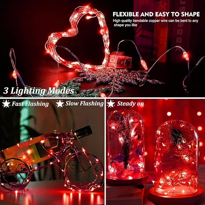 AIKEI 100 Pack LED Fairy Lights Battery Operated, Mini String Lights Waterproof 7ft 20 Led Firefly Starry Lighting 3 Modes for Wedding Party Bedroom Halloween Valentines Christmas Decoration Red