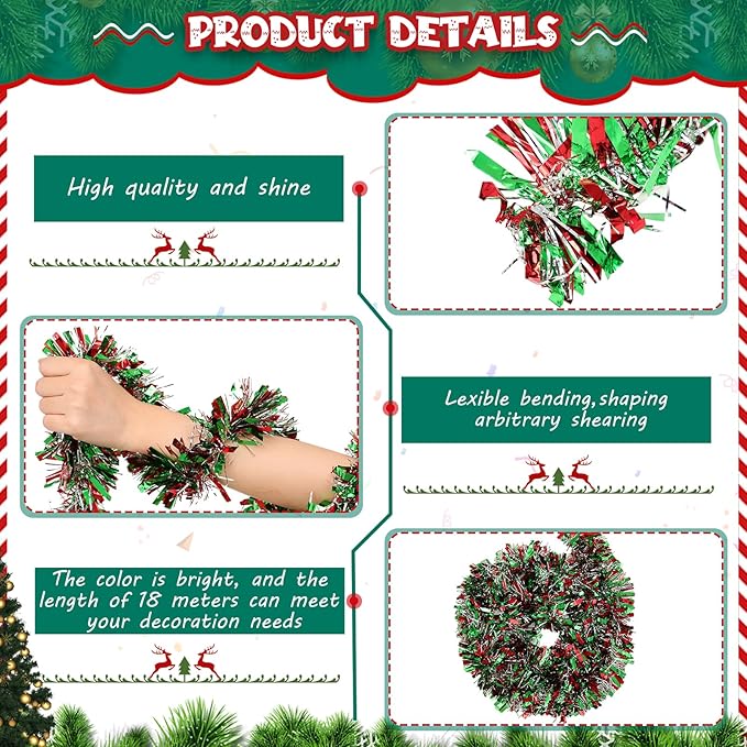 177 Feet Christmas Tinsel Garland Metallic Shiny Hanging Christmas Tree Tinsel Garland Ornaments for Indoor Outdoor Party Wedding Holiday(Red Green Silver)
