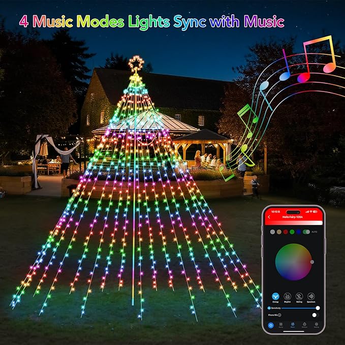 13.5FT Smart Christmas Tree Lights LED, Remote & App Control IP67 Waterproof multiple Scene Modes Waterfall Lights with Pole, Sync Music Modes Christmas Decorations for Outdoor Xmas Party Wedding