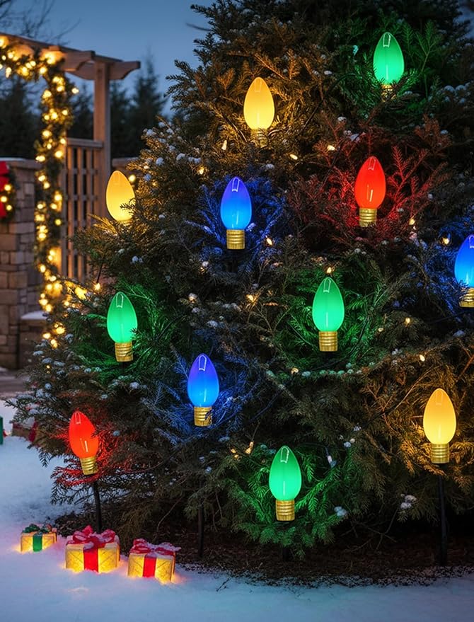Christmas Lights Jumbo C9 Outdoor Lawn Decorations with Pathway Marker Stakes, 2 Pack 7 Feet String Lights with Multi Color Giant Lighted Bulbs for Holiday Outside Yard Garden Decor, 8 Lights