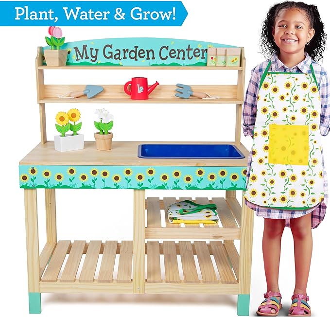 Bloom & Grow Gardening Center Wooden Toy Indoor Playset- 22 Pc Garden Stand Set w Flowers, Seed Packets, Pots, Shovel Rake Apron Watering Pot- Interactive & Fun Pretend Playtime, Xmas Gift for Kids