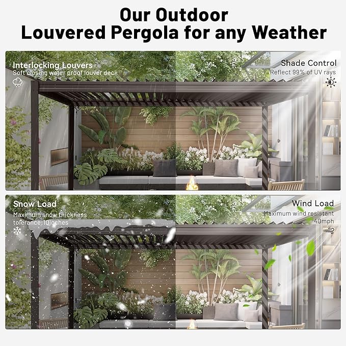 10’ x 13’ Louvered Pergola, Outdoor Pergola Aluminum Frame with Adjustable Rainproof Metal Roof, Permanent Sun Shade with Drainage System for Backyard, Garden and Lawn (Dark Brown)