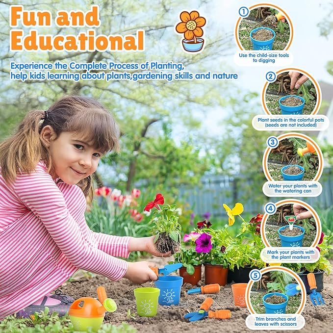 PLAY Kids Gardening Set, Garden Tool Set for Kids, Gardening Tools Kit with Shovel, Fork, Spade, Scissors, Flower Pot, Watering Can and Storage Box, Summer Outdoor Toys for Toddlers Boys Girls Gift