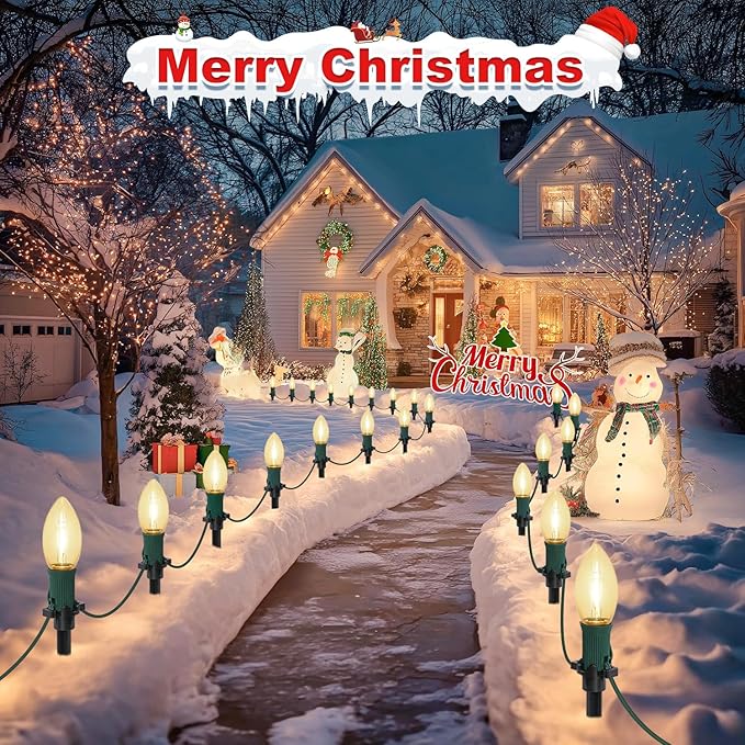 60Ft C9 Led Christmas Pathway Lights Outdoor, 40 Warm White Bulbs Waterproof Connectable Extra Long Christmas Walkway Lights for Large Driveway, Yard, Lawn