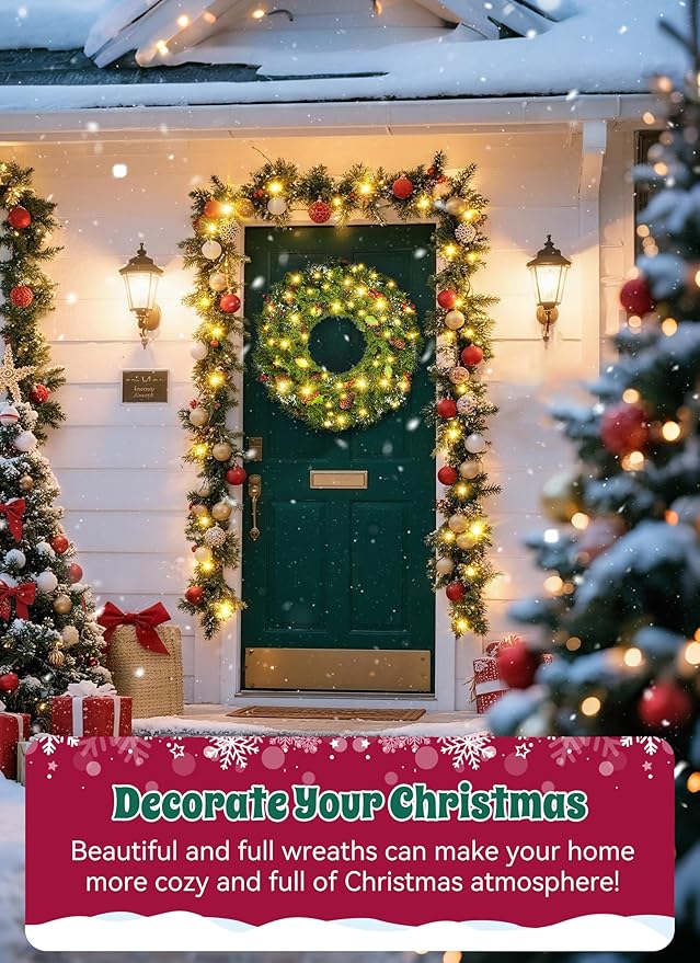 Brightown 24 Inch Pre-Lit Artificial Christmas Wreaths for Front Door, Battery Operated Christmas Wreath with 50 LED Lights, Lighted Wreath for Front Door Wall Window