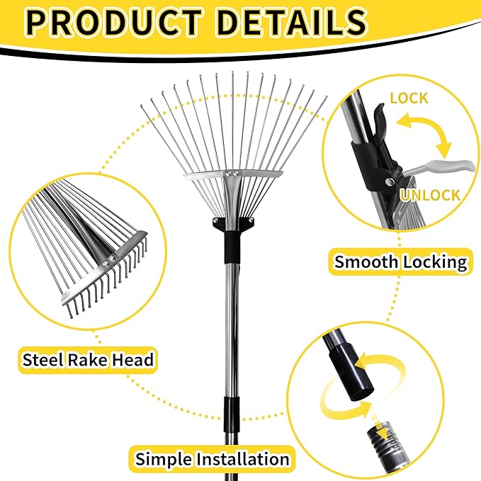 Garden Rake for Leaves,Heavy Duty Metal Adjustable Leaf Rake for Lawns,Long Handle 33-69 with Expandable Head 8-15,Garden Tools for Yard Lawn Shrub Garden Beds