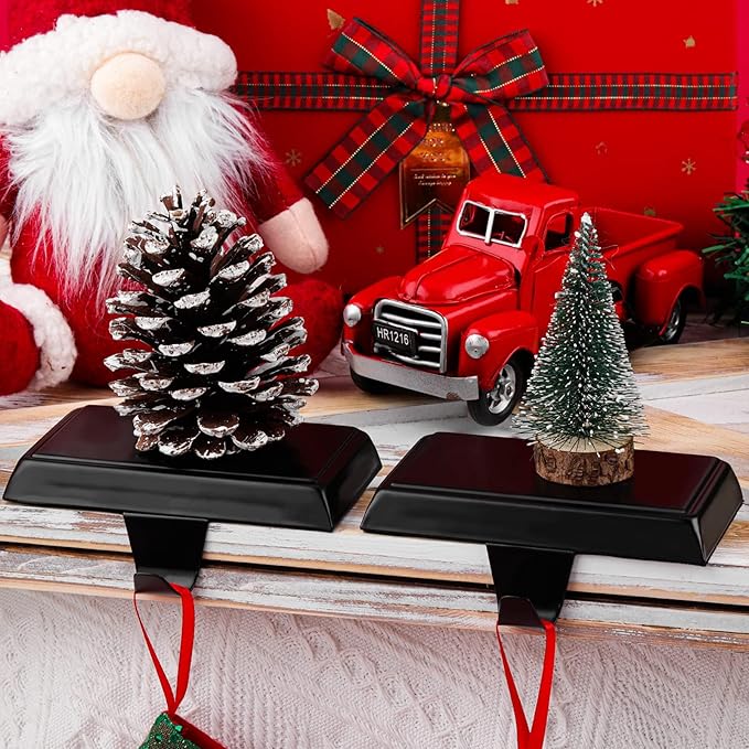Fovths 4 Pieces Christmas Stocking Holders Bases Metal Mantle Stocking Hooks Fireplace Stocking Hanger Weighted Hanging Hooks for Xmas Holiday Party Decorations, Black