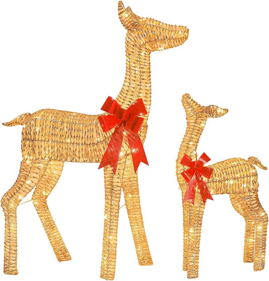 Hykolity 3.5 FT 3D Lighted Outdoor Christmas Reindeers, 2-Piece Light Up Christmas Deers with 130 Warm White LED Lights, Outdoor Reindeer Yard Decoration with Stakes, Zip Ties, Gold