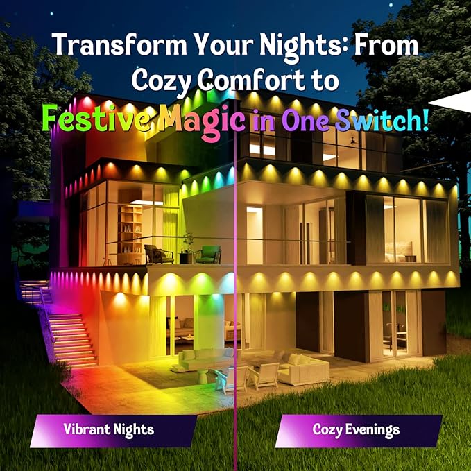 HUTAKUZE Permanent Outdoor Lights, 50ft RGB Outdoor Christmas Lights with 30 LED Light, IP67 Waterproof LED Eaves Light, DIY Scene Modes for Halloween Decor, Smart APP & Remote Control