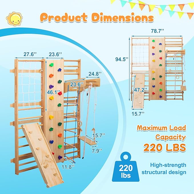 10-in-1 Indoor & Outdoor Wooden Playset for Kids, All-in-One Climbing Playground with Slide, Monkey Bars, Swing, Rock Wall, Climbing Net, Rings & Ladder –Sturdy Backyard Adventure Set for Active Play