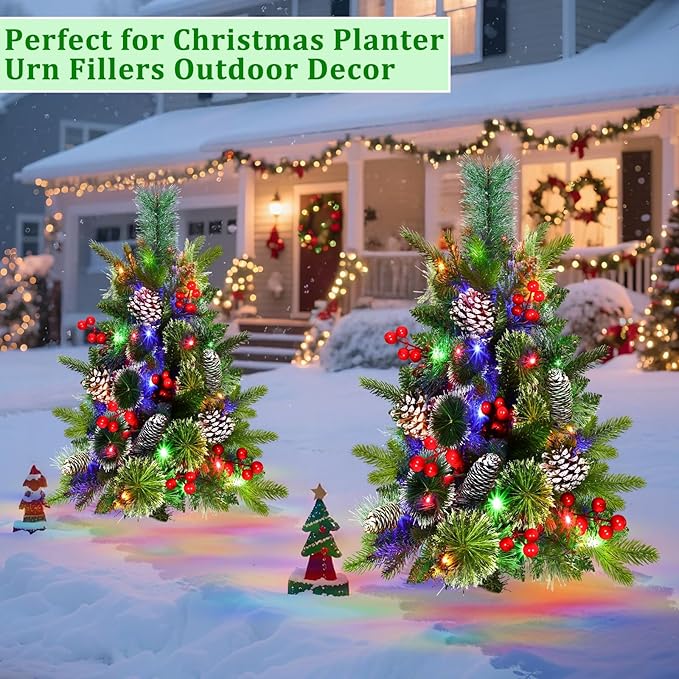 2 Pack Outdoor Christmas Tree Urn Fillers with 40 Warm & Colorful Change Lights, 8 Modes Timer, Pinecones Red Berries Decorations, Battery Operated for Holiday Planters Yard Porch Pathway Xmas Decor